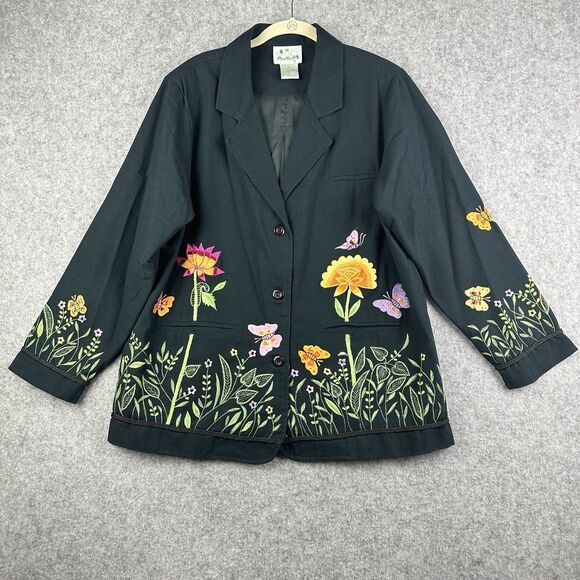 Quacker Factory Blazer Jacket Womens L Black Floral Embroidered Butterfly Lined - Picture 1 of 14